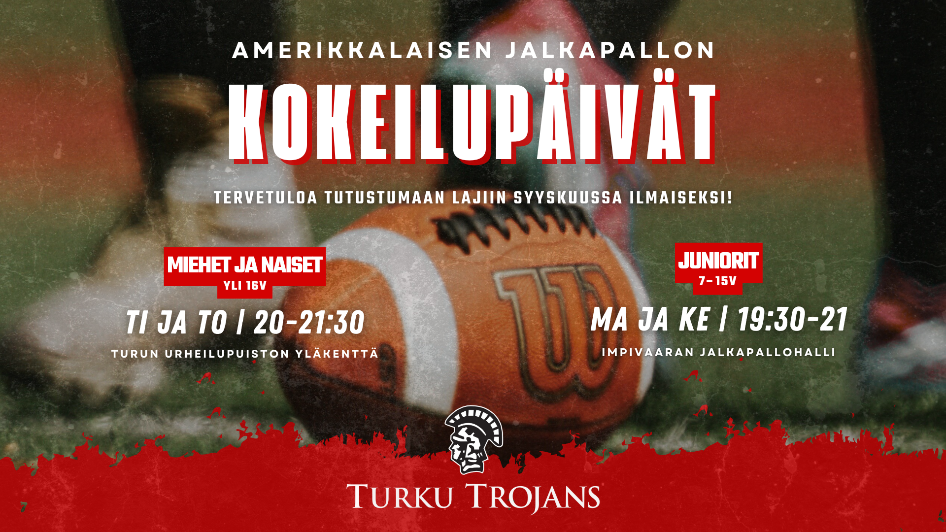Löydä amerikkalainen jalkapallo lajiksesi syyskuun kokeilupäivillä!