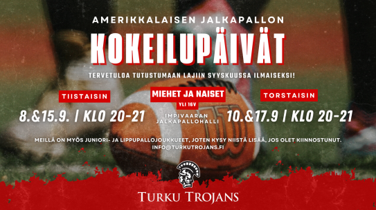 Kokeile amerikkalaista jalkapalloa Trojansin avoimilla kokeilupäivillä!